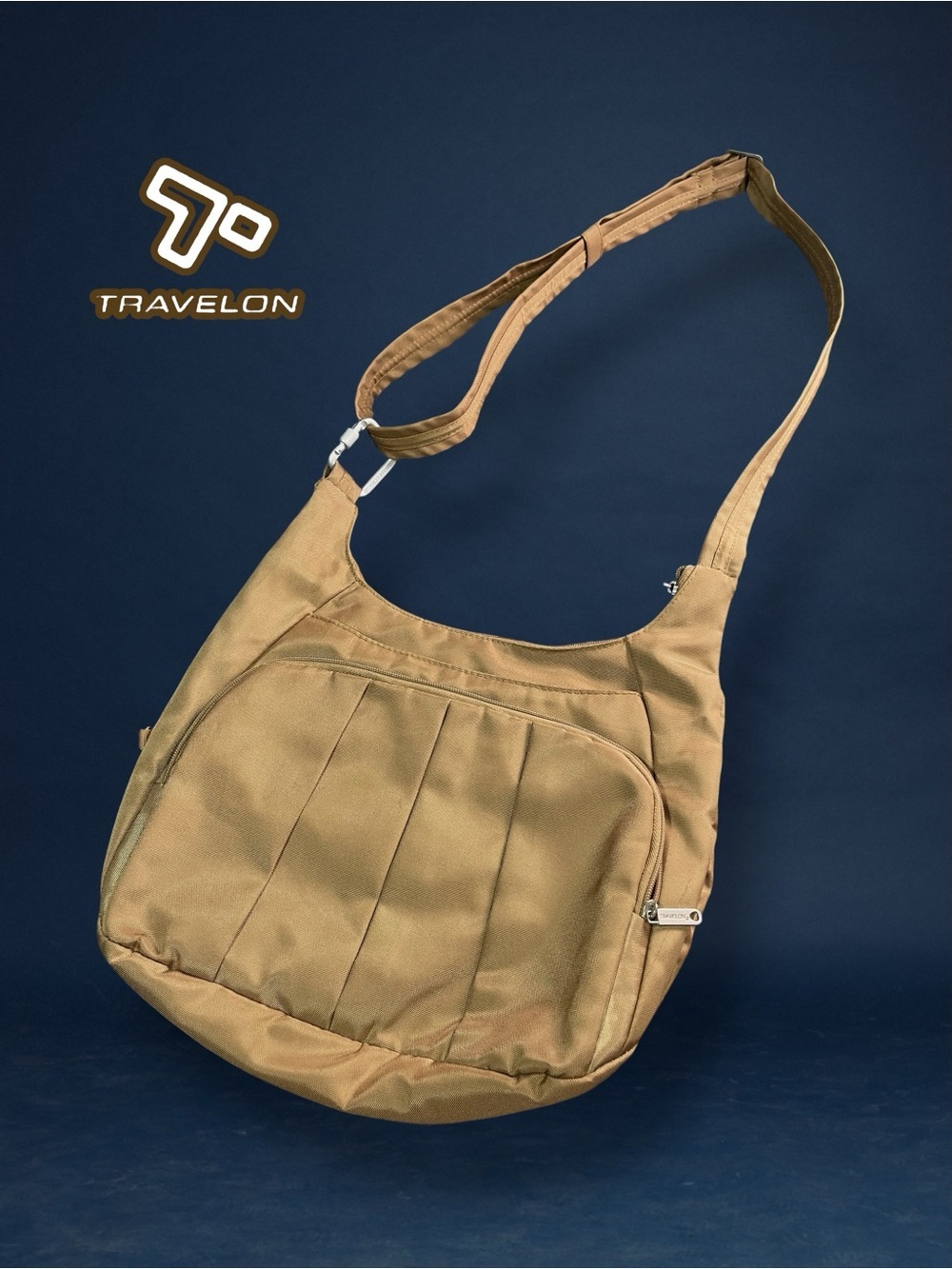 Travelon Golden Khaki Tan Anti-Theft Pleated Hobo Crossbody Shoulder Bag